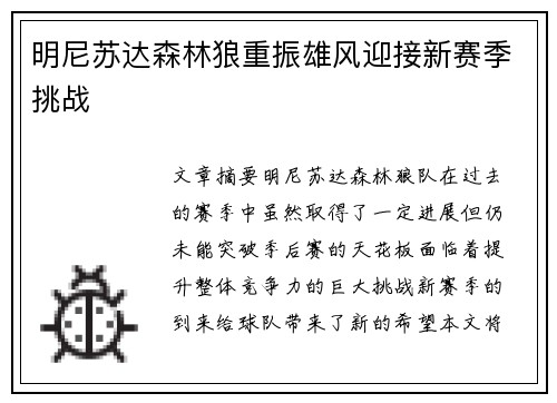 明尼苏达森林狼重振雄风迎接新赛季挑战