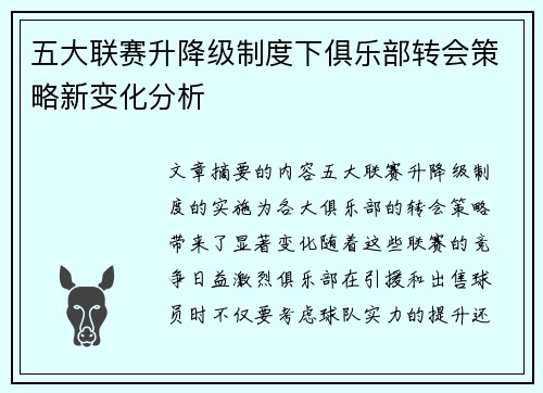 五大联赛升降级制度下俱乐部转会策略新变化分析